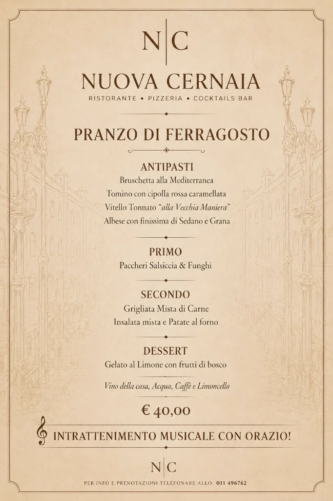 Menù Pranzo di Ferragosto da Nuova Cernaia