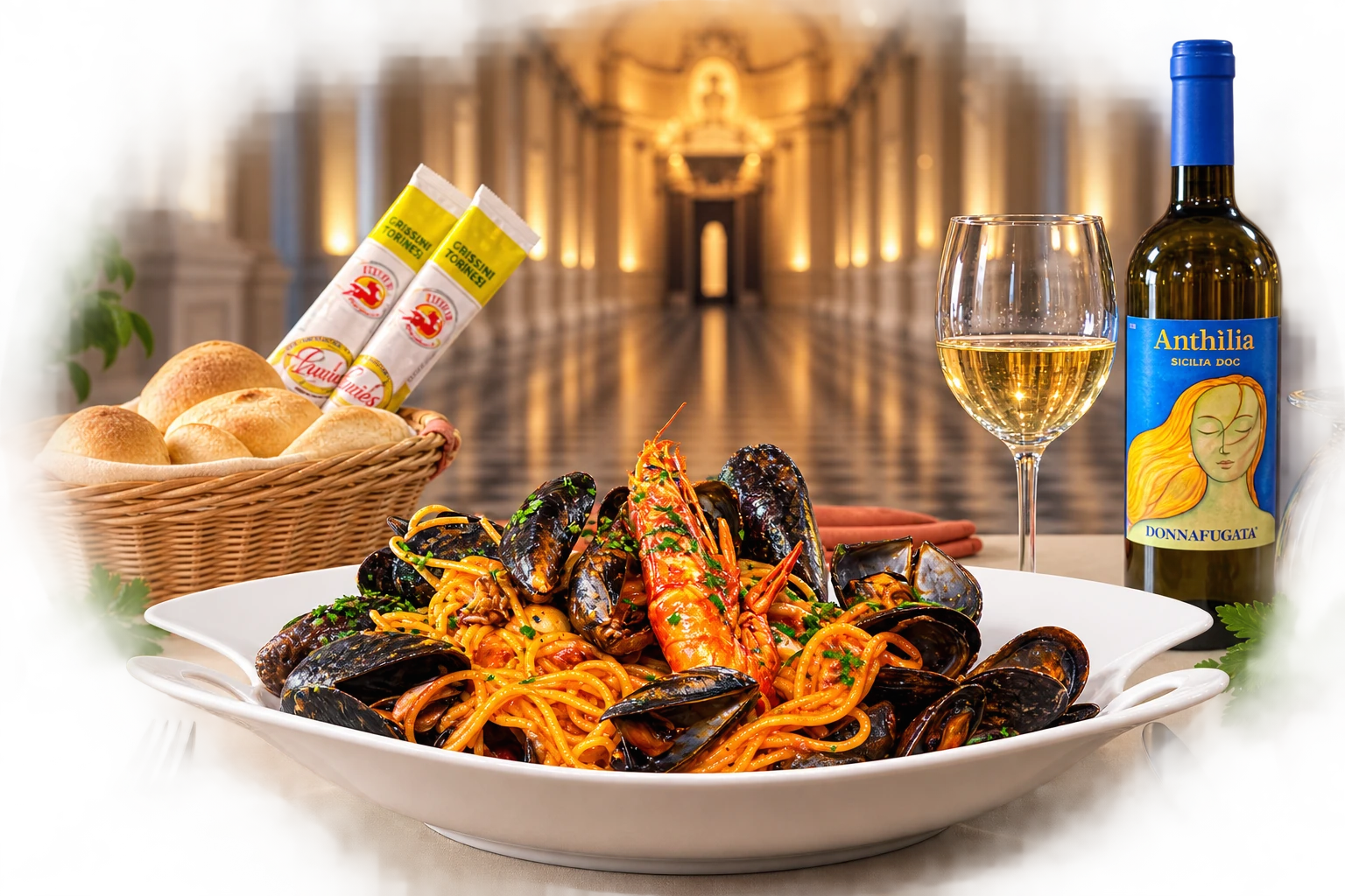 Spaghetti allo scoglio di Nuova Cernaia con vino bianco e atmosfera elegante vicino alla Reggia di Venaria